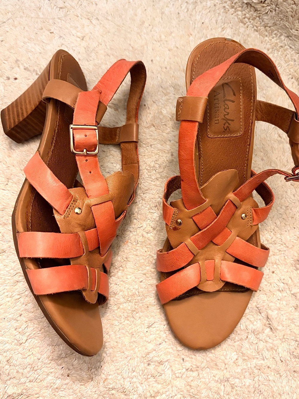 Clarks Coral and Tan Leather Strappy Heels